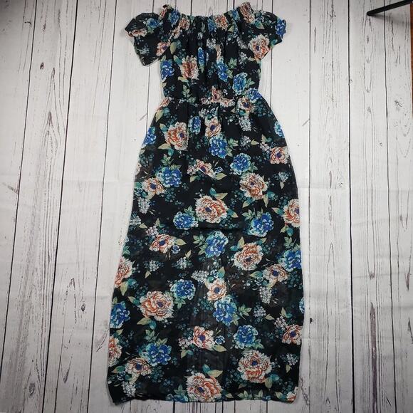 As U Wish Off-Shoulder Black Floral Short Sleeve Maxi Dress Women's Size Medium - Picture 1 of 11